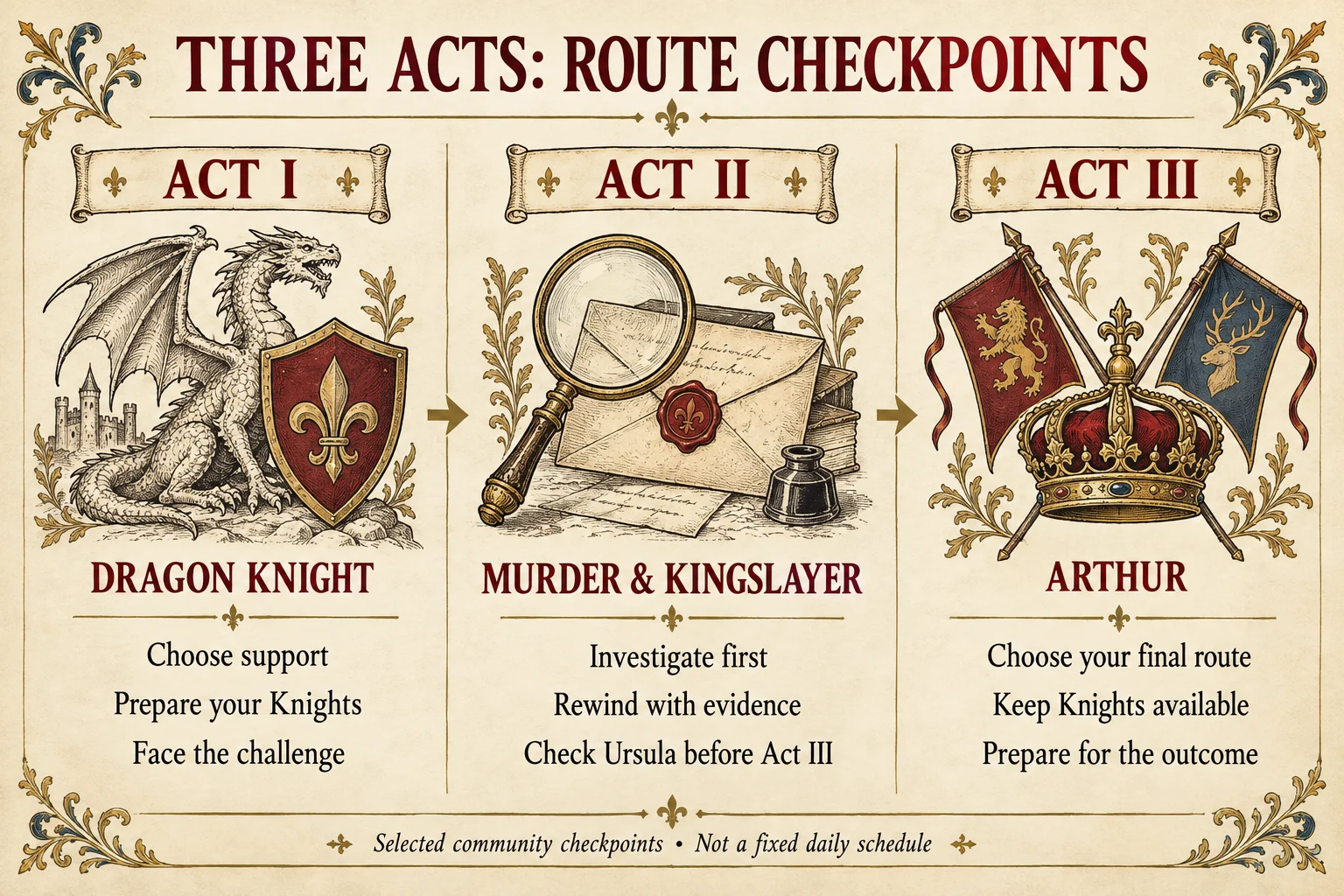 Three-act route diagram showing Dragon Knight preparation, investigation and Kingslayer checks, and Arthur's final choice.