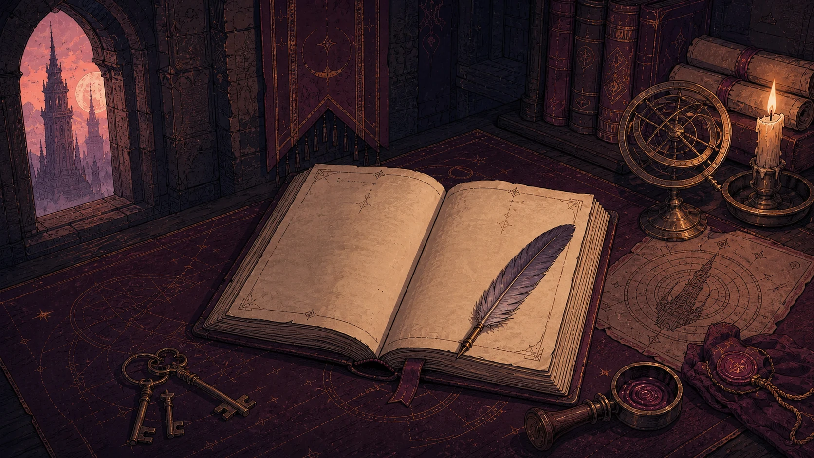 Sovereign Tower wiki illustrated archive Illustrated royal archive with an open ledger, tower map, keys, quill and astrolabe